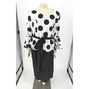 EY Boutique Dress 16W Black White Polka Dot Bell Sleeve High Low Belted Plus
